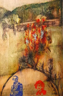 “Frederik & i” Size: 36.9 × 56.1 cm, Medium: watercolors, HB pencil, “Divolo” oil colours ( Florence, Italy since 1915) walnut oil on wooden panel. Cycle: